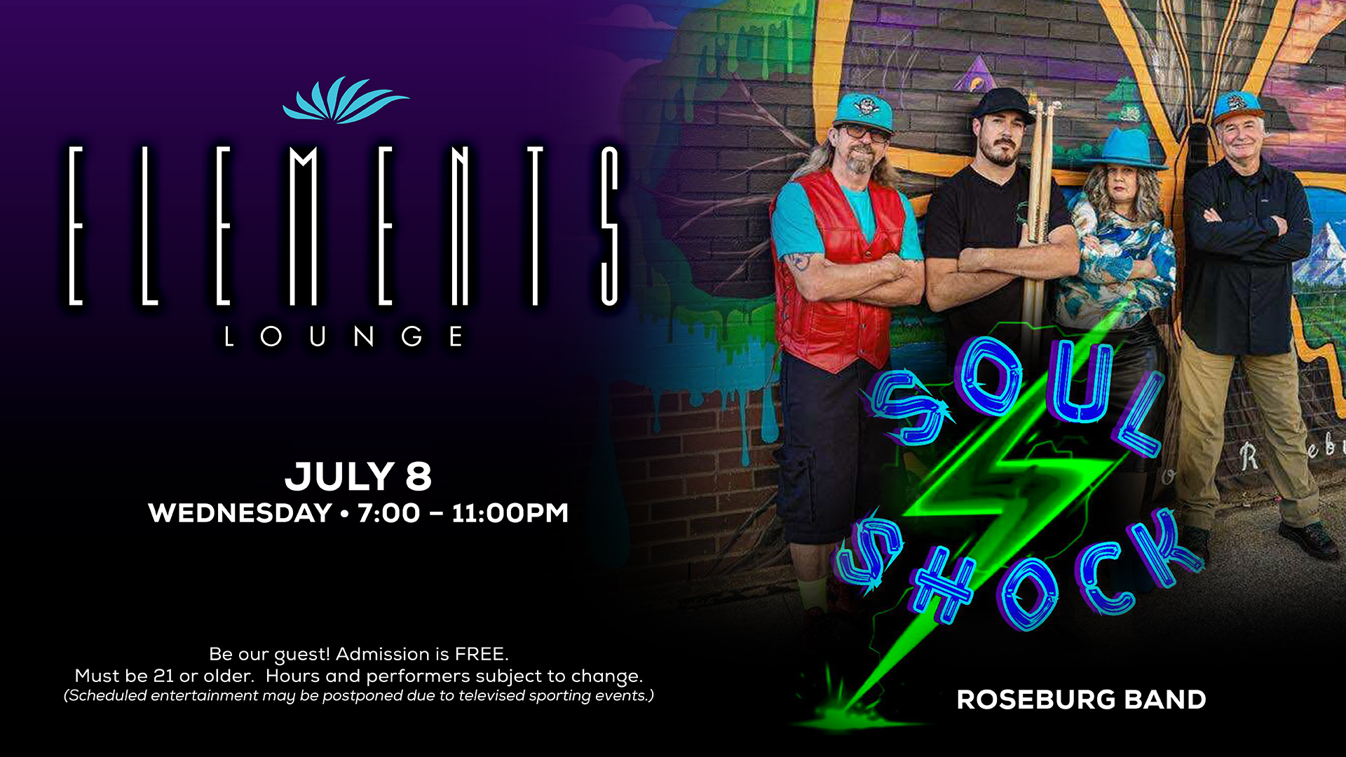 Promotional graphic for Elements Lounge featuring a live performance by the Roseburg Band Soul Shock on Wednesday, July 8, 2026, from 7:00 PM to 11:00 PM, with free admission for guests 21 and older.