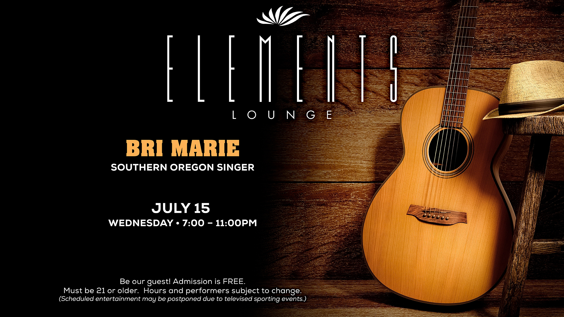 Bri Marie, a Southern Oregon singer, performs live at Elements Lounge on Wednesday, July 15th, 2026, from 7:00 PM to 11:00 PM, offering free admission to guests 21+.