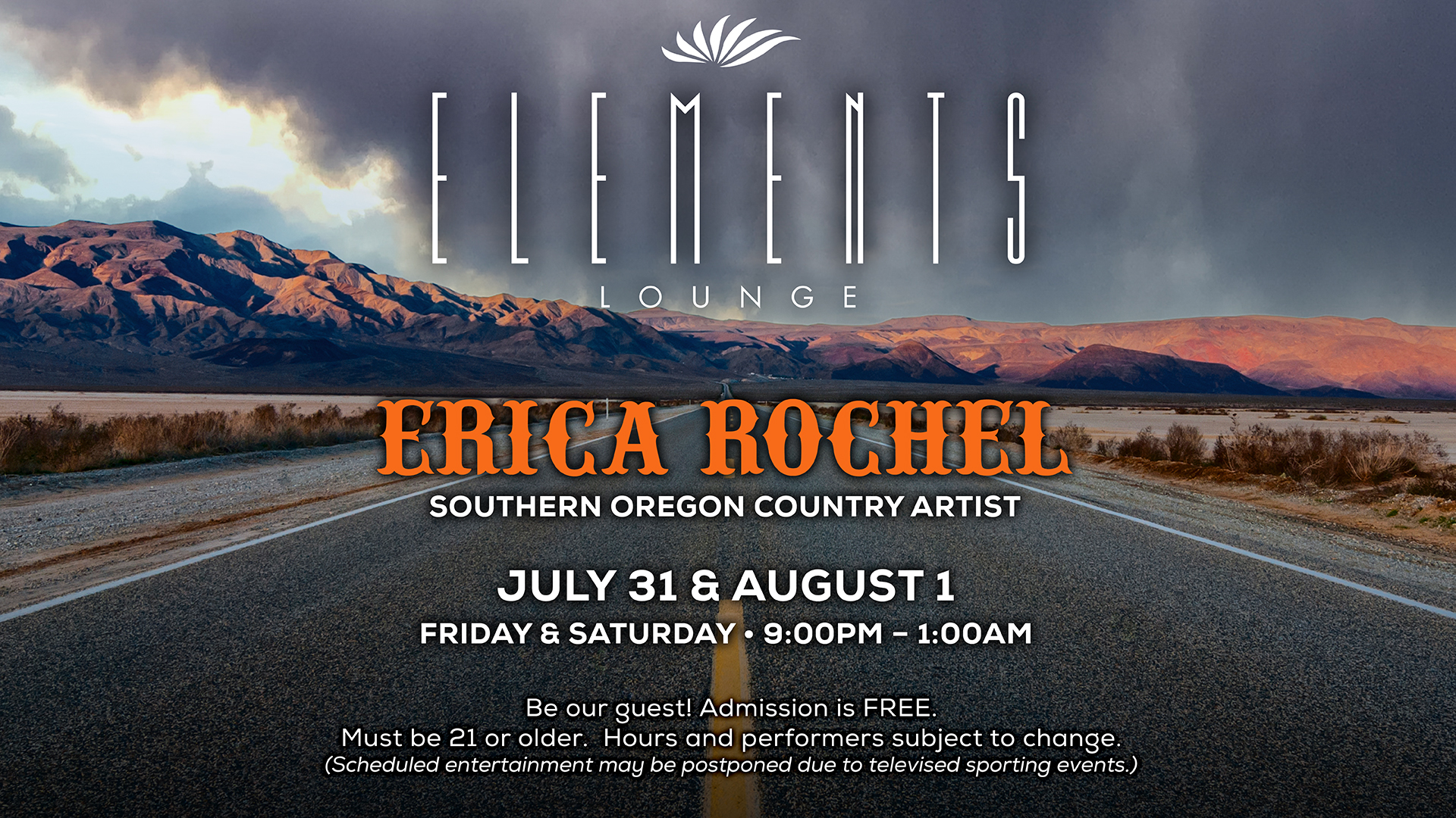 Erica Rochel, Southern Oregon country artist, performs live at Elements Lounge on July 31st and August 1st. Free admission for 21+.