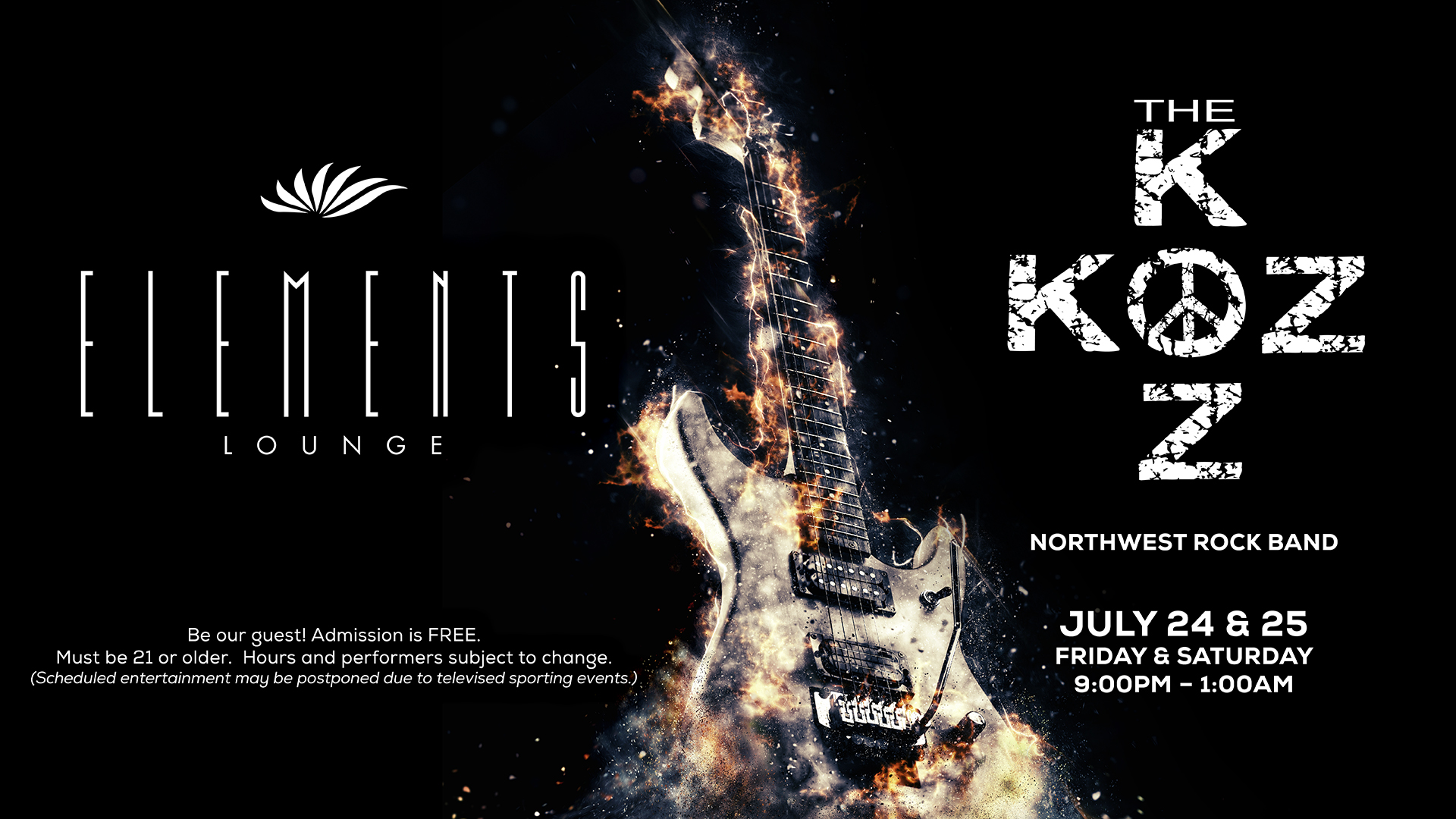Promotional graphic featuring an electric guitar and other musical instruments, advertising Northwest rock band The Kon Koz performing live at Elements Lounge on July 24th and 25th, from 9 PM to 1 AM, with free admission for ages 21 and over.