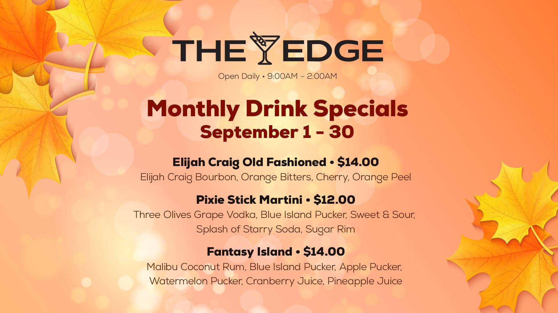 Edge Bar Serves Up Delicious Fall Inspired Cocktail Specials This September at Seven Feathers